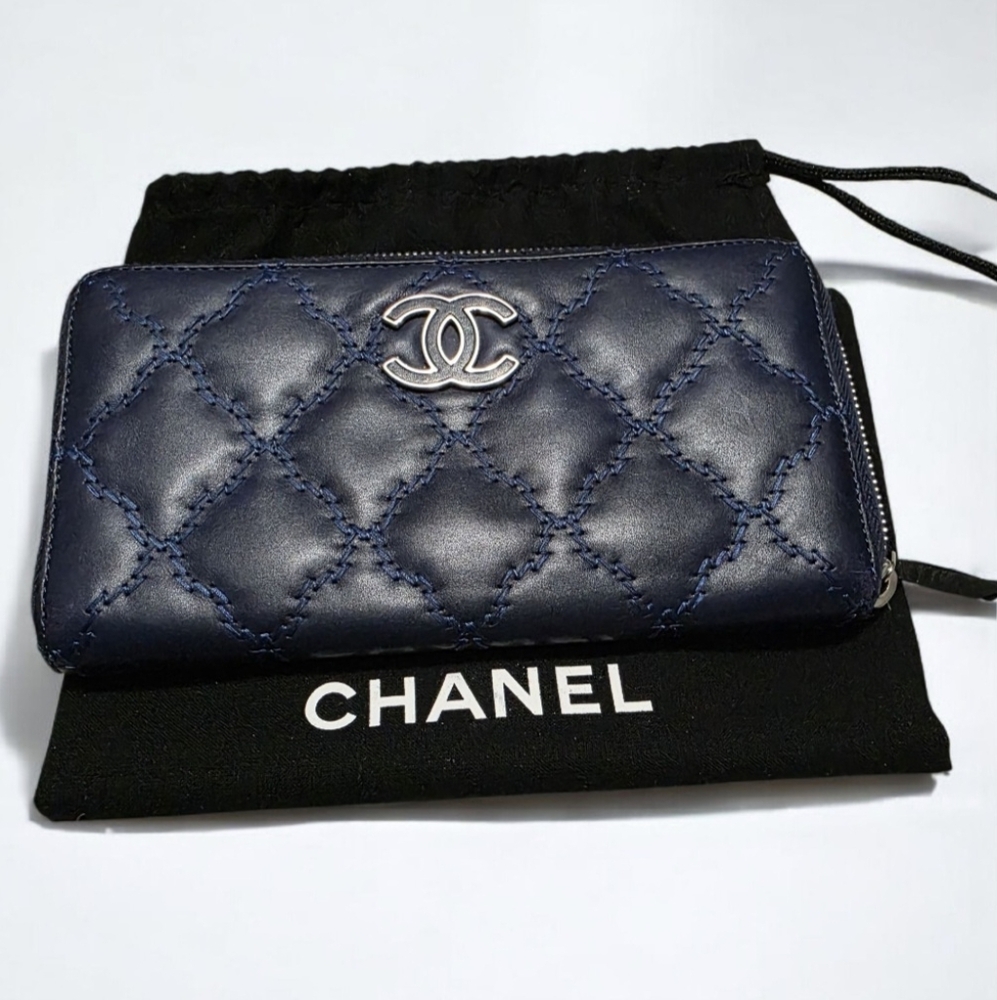 CHANEL Navy CC Quilted Zip Around Long Wallet Comes With Dustbag